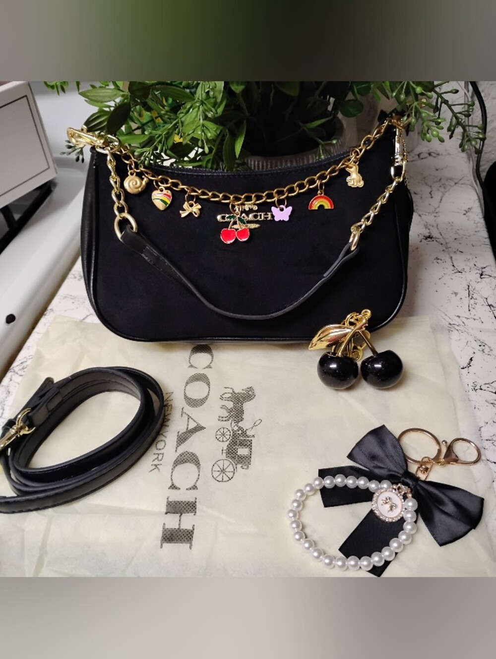 Coach Black Suede Chain Charm Shoulder Bag